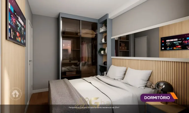 Quarto do apartamento com office decorado em condomínio residencial no bairro do Alto da Boa Vista, na Zona Sul de São Paulo
