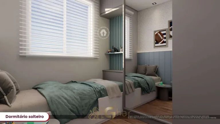 Segundo quarto do apartamento decorado de 2 dormitórios em condomínio residencial no bairro da Vila Guilhermina, na Zona Leste de São Paulo