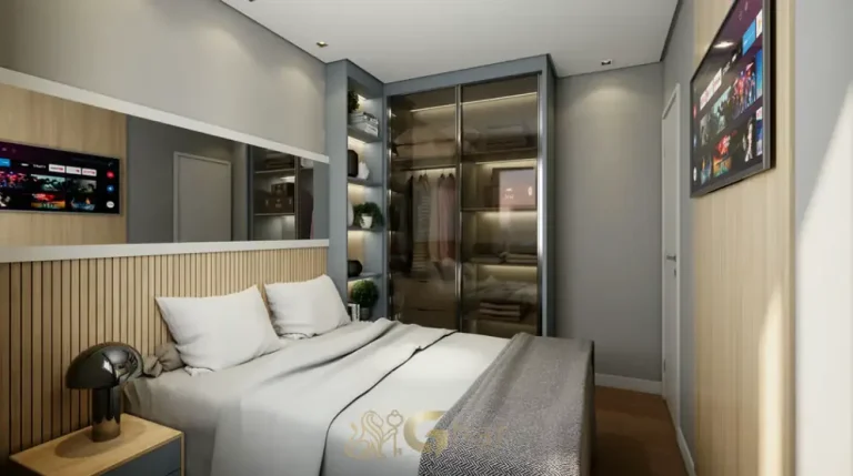 O quarto do apartamento decorado do condomínio Metrocasa Oratório no bairro da Vila Prudente, São Paulo