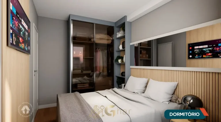 Quarto do apartamento decorado com terraço em condomínio residencial no bairro de Sapopemba, na Zona Leste de São Paulo