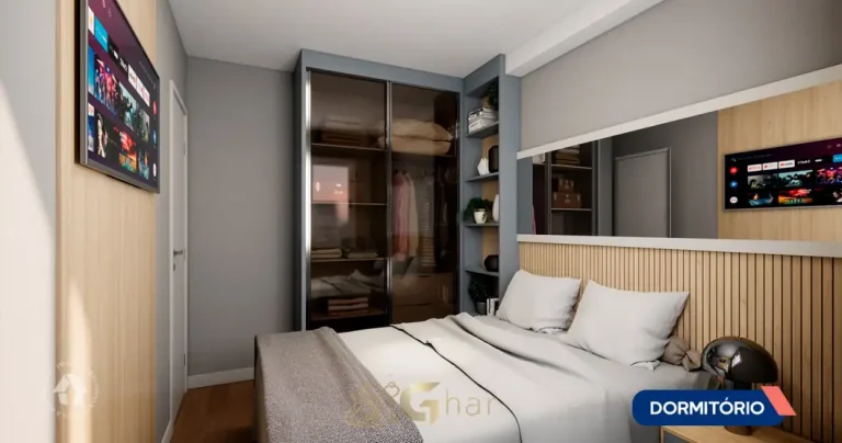 Quarto do apartamento decorado com office do condomínio Metrocasa Prime Saúde no bairro da Saúde, São Paulo