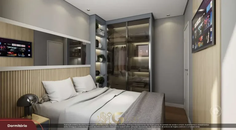Quarto do apartamento decorado do condomínio Metrocasa Viva Itaquera no bairro de Itaquera, São Paulo