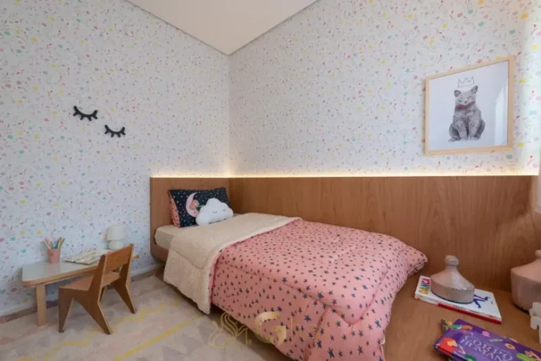 Quarto do apartamento decorado do condomínio Platô Perdizes no bairro de Perdizes, São Paulo