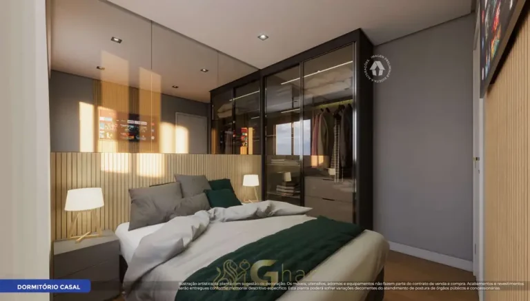 Quarto de casal do apartamento decorado do condomínio Metrocasa Jaçanã II no bairro do Jaçanã, São Paulo