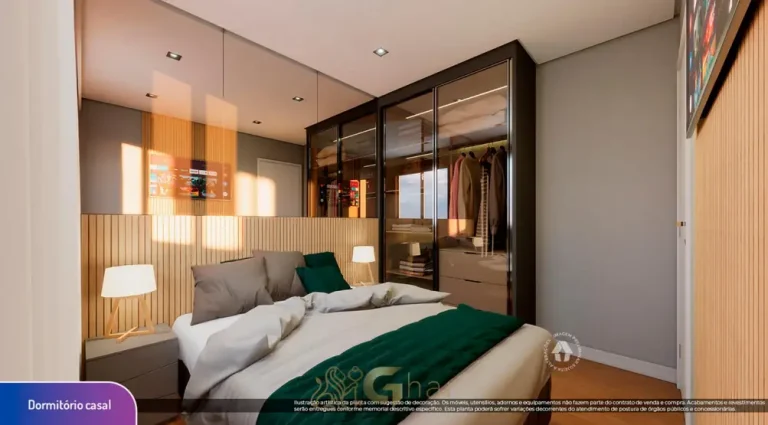 Quarto de casal do apartamento decorado do condomínio Metrocasa Praça da Árvore no bairro da Praça da Árvore, São Paulo