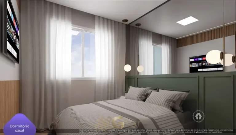 Quarto de casal do apartamento de 2 dormitórios decorado em condomínio residencial no bairro da Vila das Belezas, na Zona Sul de São Paulo
