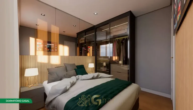Quarto de casal do apartamento decorado do condomínio Metrocasa Vila Prudente II no bairro da Vila Prudente, São Paulo