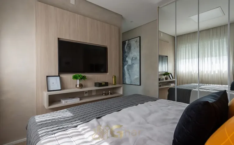 Quarto do casal com vista do apartamento decorado de 72 m² do condomínio Monumento SP - 2ª Fase no bairro do Morumbi, São Paulo