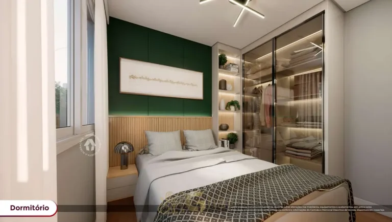 Quarto de casal do apartamento decorado com office em apartamentos no bairro da Vila Guilhermina, São Paulo
