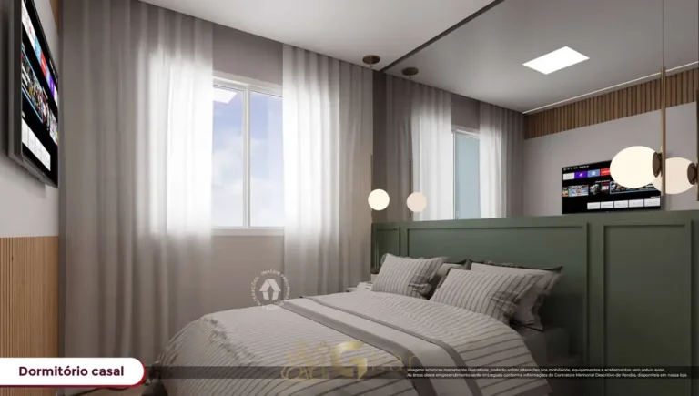 Quarto de casal do apartamento decorado de 2 dormitórios do condomínio Metrocasa Guilhermina Esperança no bairro da Vila Guilhermina, São Paulo