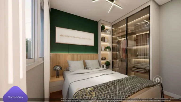 Quarto de casal do apartamento decorado do condomínio Metrocasa Vila das Belezas II no bairro da Vila das Belezas, São Paulo