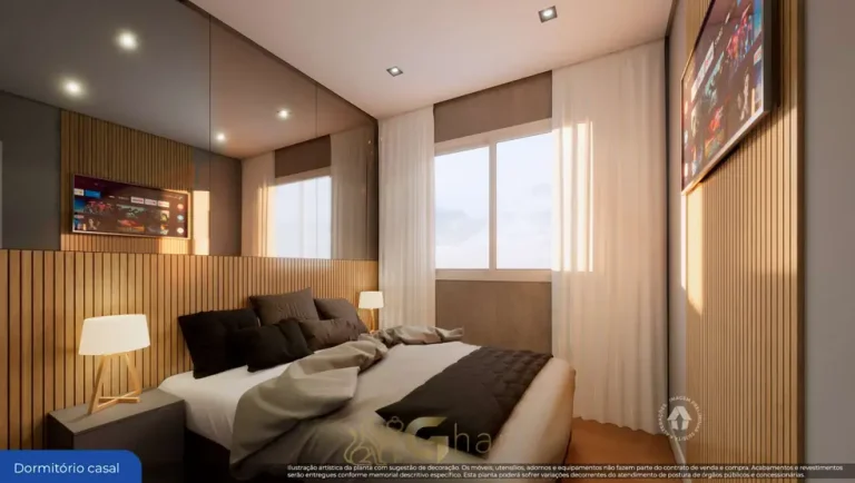 Quarto de casal do apartamento decorado em condomínio residencial no bairro da Liberdade, no Centro de São Paulo