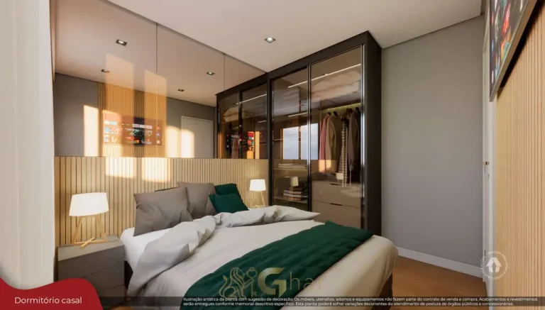 Quarto de casal decorado do condomínio Metrocasa Vila Ré no bairro da Vila Ré, São Paulo