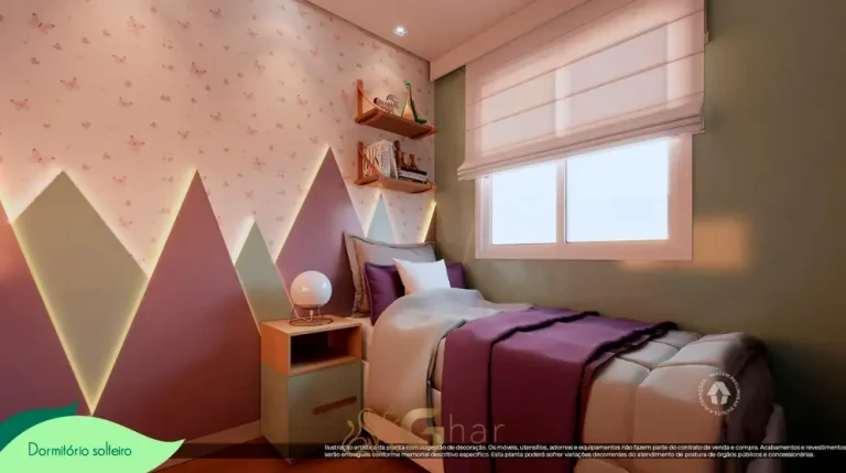 Quarto de solteiro do apartamento decorado do condomínio Metrocasa Jardim Botânico no bairro do Cursino, São Paulo