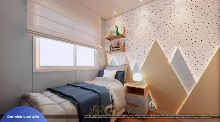 Quarto de solteiro do apartamento decorado do condomínio Metrocasa São Joaquim no bairro da Liberdade, São Paulo