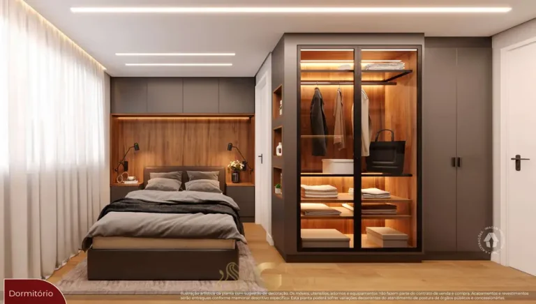 Quarto do studio decorado do condomínio Metrocasa Santo Amaro no bairro de Santo Amaro, São Paulo