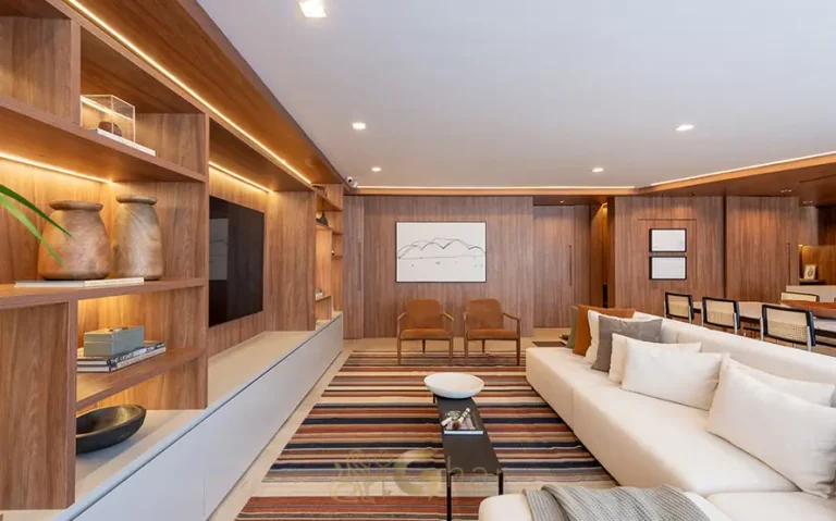 Sala de estar do apartamento decorado do condomínio Joaquim no bairro do Brooklin, São Paulo