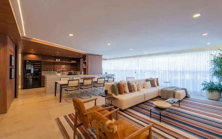 Sala integrada do apartamento decorado em apartamentos no bairro do Brooklin, São Paulo