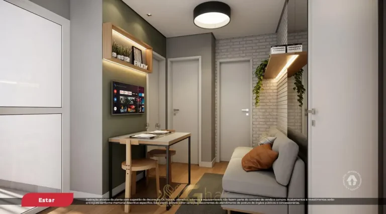 Sala do apartamento decorado do condomínio Metrocasa Estação Vila Tolstói no bairro de Sapopemba, São Paulo