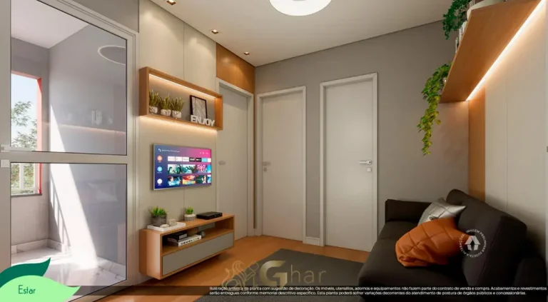 Sala do apartamento decorado 1 dormitório mais office em apartamentos no bairro do Cursino, São Paulo