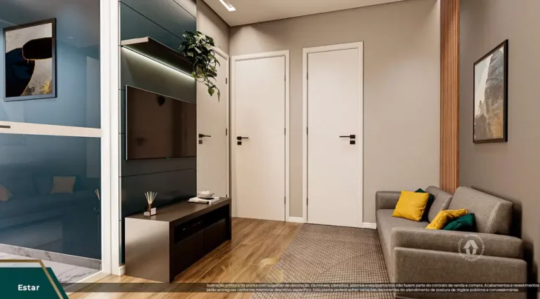 Sala de estar do apartamento decorado do condomínio Metrocasa Real Parque no bairro do Morumbi, São Paulo