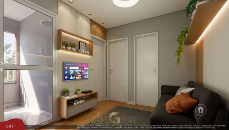 Sala do apartamento decorado do condomínio Metrocasa Vila Ré no bairro da Vila Ré, São Paulo