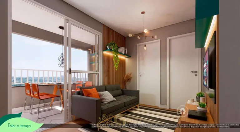 Sala de estar do apartamento decorado 2 dormitórios do condomínio Metrocasa Jardim Botânico no bairro do Cursino, São Paulo