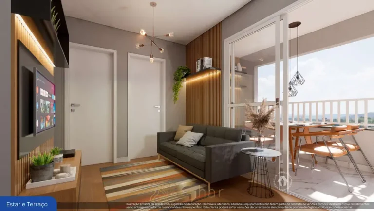 Sala de estar do apartamento de 2 dormitórios decorado em condomínio residencial no bairro da Liberdade, no Centro de São Paulo