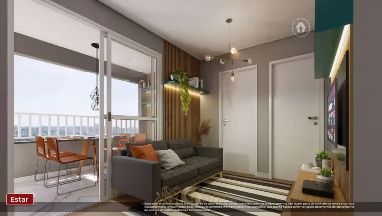 Sala de estar do apartamento decorado de 2 dormitórios em apartamentos no bairro do Parque do Carmo, São Paulo