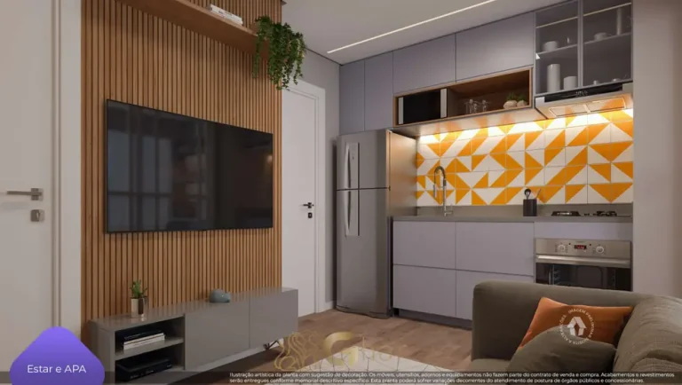 Sala de estar integrada do apartamento decorado do condomínio Metrocasa Vila das Belezas II no bairro da Vila das Belezas, São Paulo