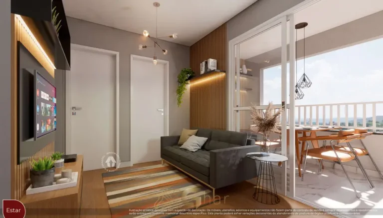 Sala de estar do apartamento de 2 dormitórios em condomínio residencial no bairro de Santo Amaro, na Zona Sul de São Paulo