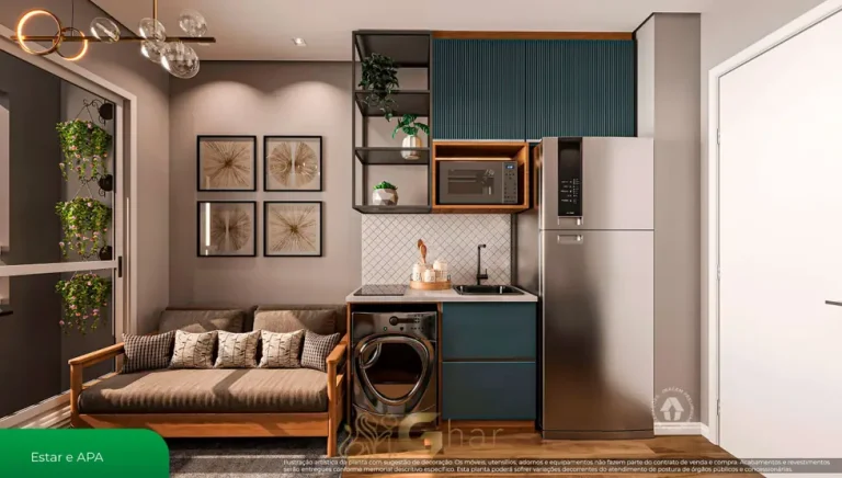Sala de estar do apartamento decorado do condomínio Metrocasa Estação Vila Prudente no bairro da Vila Prudente, São Paulo