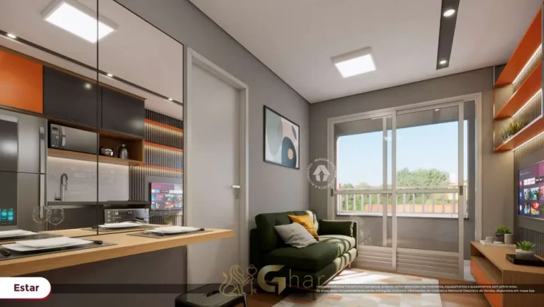 Sala de estar do apartamento decorado de 1 dormitório do condomínio Metrocasa Guilhermina Esperança no bairro da Vila Guilhermina, São Paulo