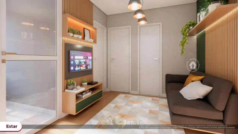 Sala de estar integrada do apartamento decorado com office em apartamentos no bairro da Vila Guilhermina, São Paulo