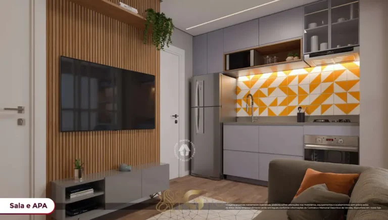 Sala de estar com varanda do apartamento decorado de 2 dormitórios em condomínio residencial no bairro da Vila Guilhermina, na Zona Leste de São Paulo