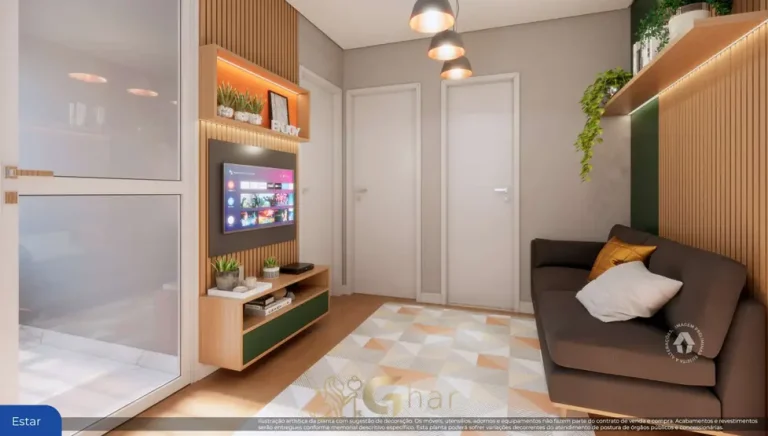 Sala de estar do apartamento decorado em condomínio residencial no bairro da Liberdade, no Centro de São Paulo