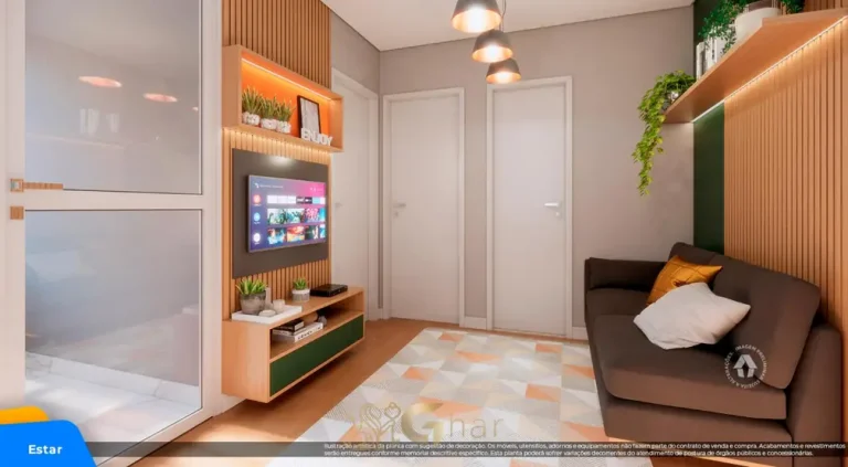 Sala de estar do apartamento decorado do condomínio Metrocasa Vista Cupecê no bairro da Cidade Ademar, São Paulo