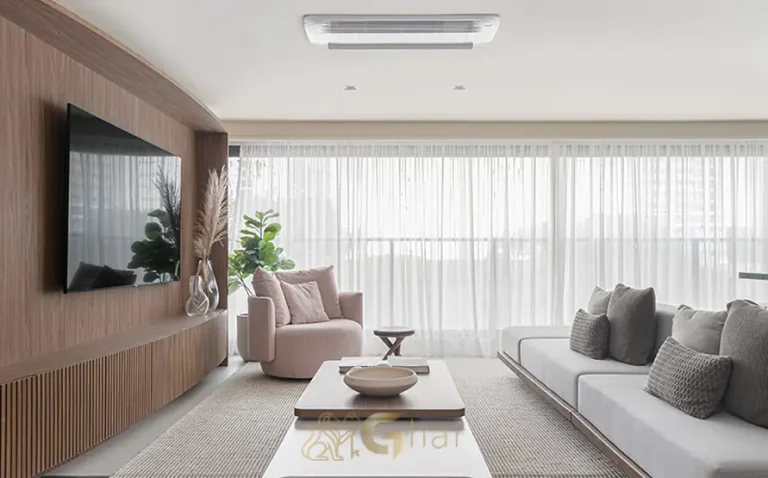 Sala de estar integrada do apartamento decorado do condomínio Platô Perdizes no bairro de Perdizes, São Paulo