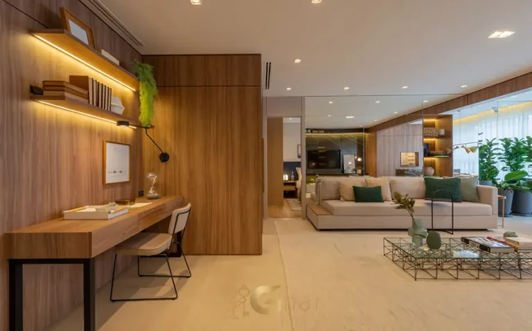 Sala de estar com home office do apartamento decorado em apartamentos no bairro do Ibirapuera, São Paulo