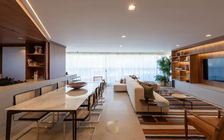 Sala de jantar do apartamento decorado em condomínio residencial no bairro do Brooklin, na Zona Sul de São Paulo