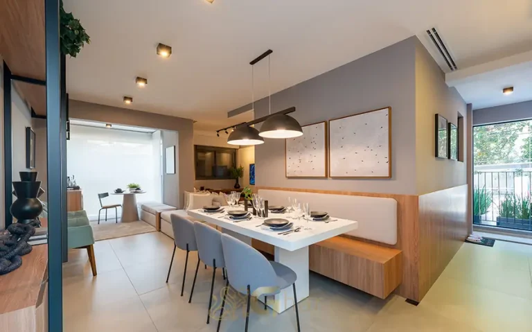 Sala de jantar do apartamento de 2 dormitórios decorado do condomínio Modo Pompeia no bairro da Pompéia, São Paulo