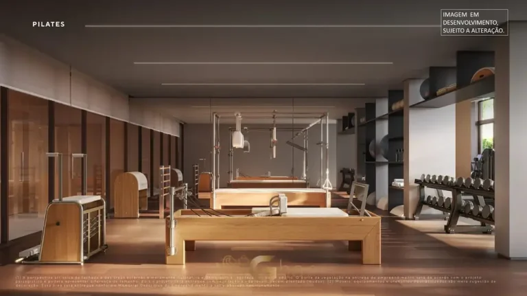 Sala de pilates equipada em condomínio residencial no bairro do Itaim Bibi, na Zona Sul de São Paulo