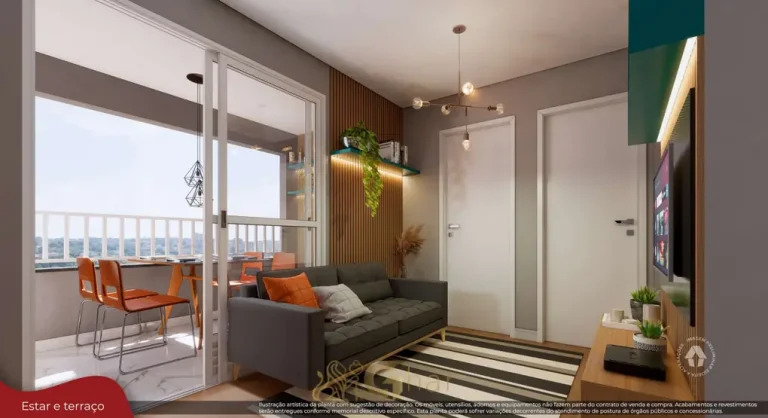 Sala integrada ao terraço do apartamento decorado do condomínio Metrocasa Vila Ré no bairro da Vila Ré, São Paulo