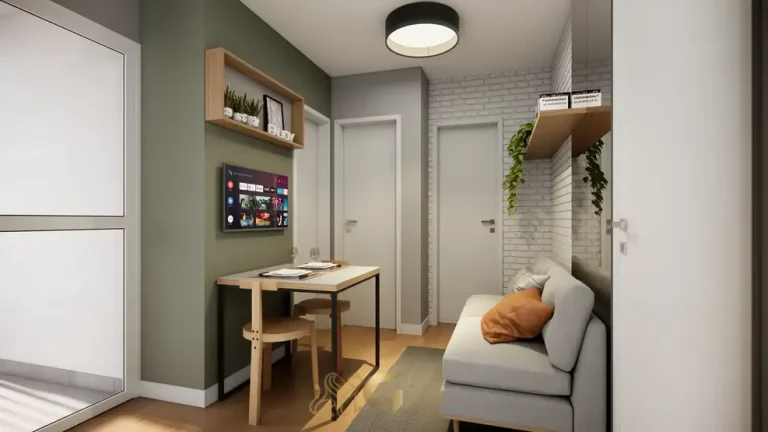 Sala de estar com terraço do apartamento decorado do condomínio Metrocasa Clube Anália Franco no bairro do Jardim Anália Franco, São Paulo