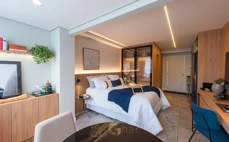 Studio decorado com décor contemporâneo do condomínio Mairinque 70 no bairro do Ibirapuera, São Paulo