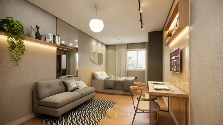 Studio decorado em condomínio residencial no bairro do Campo Limpo, na Zona Sul de São Paulo
