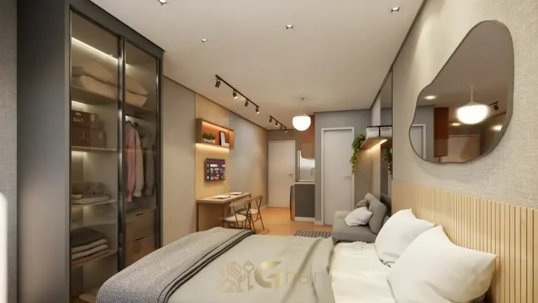 Ambiente integrado do studio decorado em apartamentos no bairro do Campo Limpo, São Paulo