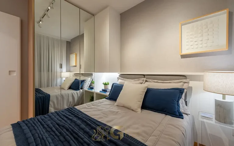Suíte do apartamento de 1 dormitório decorado em condomínio residencial no bairro da Pompéia, na Zona Oeste de São Paulo