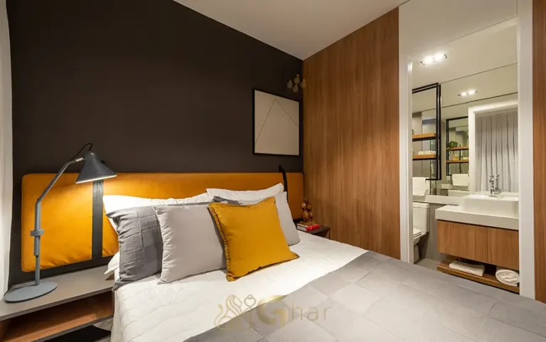 Suíte do apartamento de 2 dormitórios decorado do condomínio Modo Pompeia no bairro da Pompéia, São Paulo