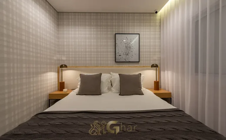 Suíte principal do apartamento decorado de 129 m² do condomínio Monumento SP - 2ª Fase no bairro do Morumbi, São Paulo